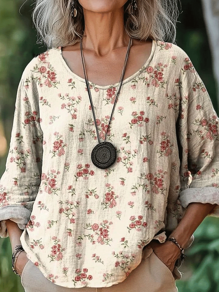 Women's Vintage Lovely Floral Art Print Casual Cotton And Linen Shirt