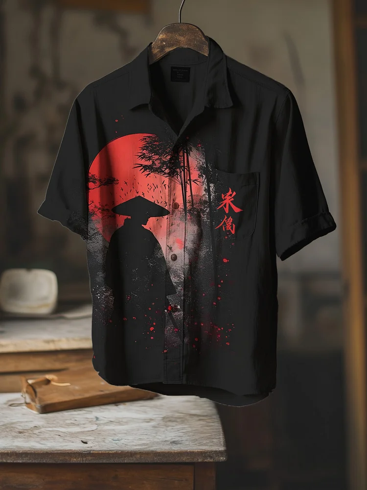 Men's Retro Japanese Art Samurai Print Short Sleeve Shirt