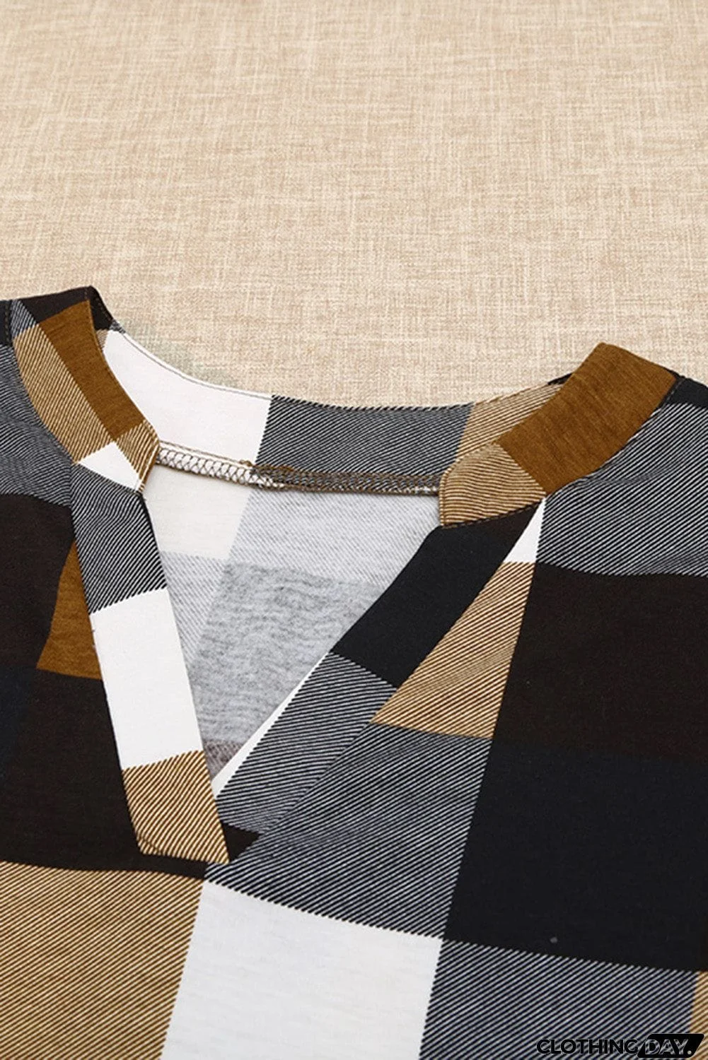 Contrast Plaid V Neck Long Sleeve Top