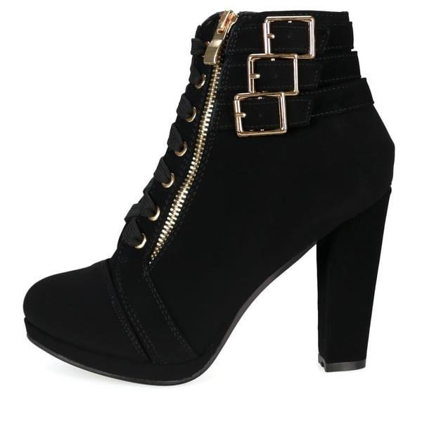 Black Buckle Boots Chunky Heel Front Lace up Ankle Boots |FSJ Shoes