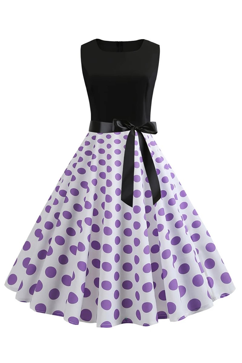 1950s Retro Sleeveless Polka Dot Print Stitching Sash Belt Swing Midi Dresses