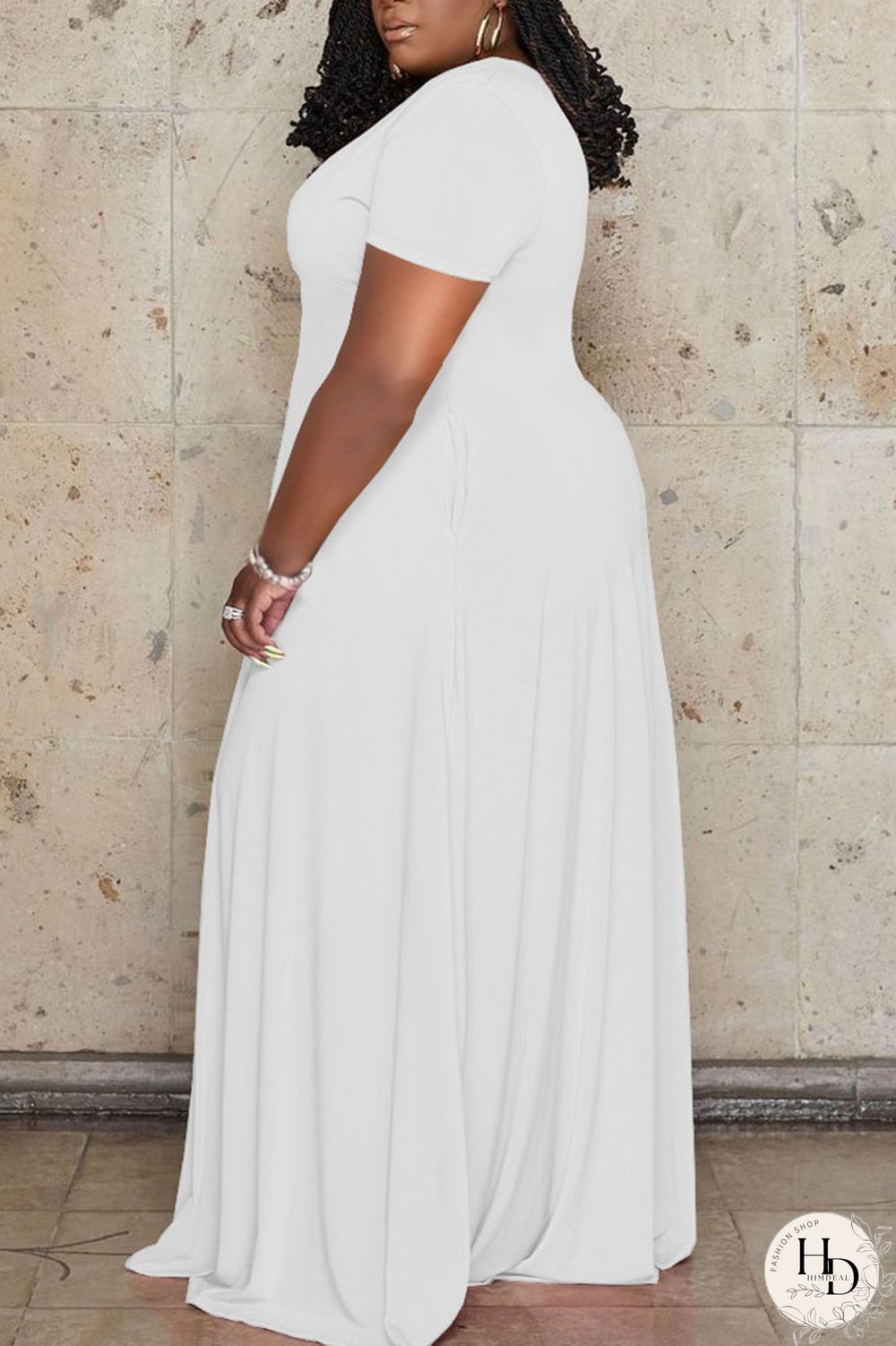 White Casual Solid Patchwork V Neck Straight Plus Size Dresses