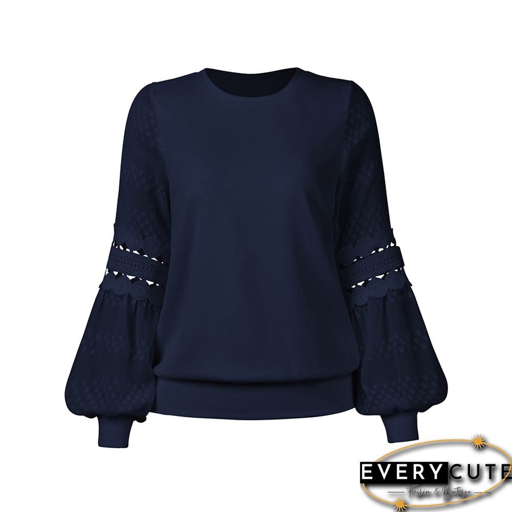 Navy Blue Splicing Hollow-out Lantern Sleeve Tops