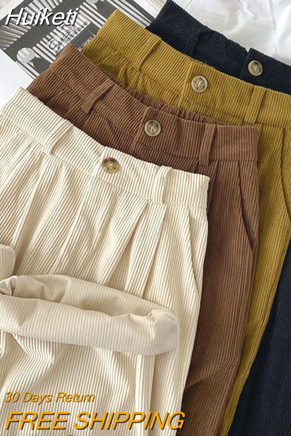 Huiketi Vintage Corduroy Women Pants High Waist Coffee Wide Leg Pants Fall Casual Korean Office Ladies Trousers New
