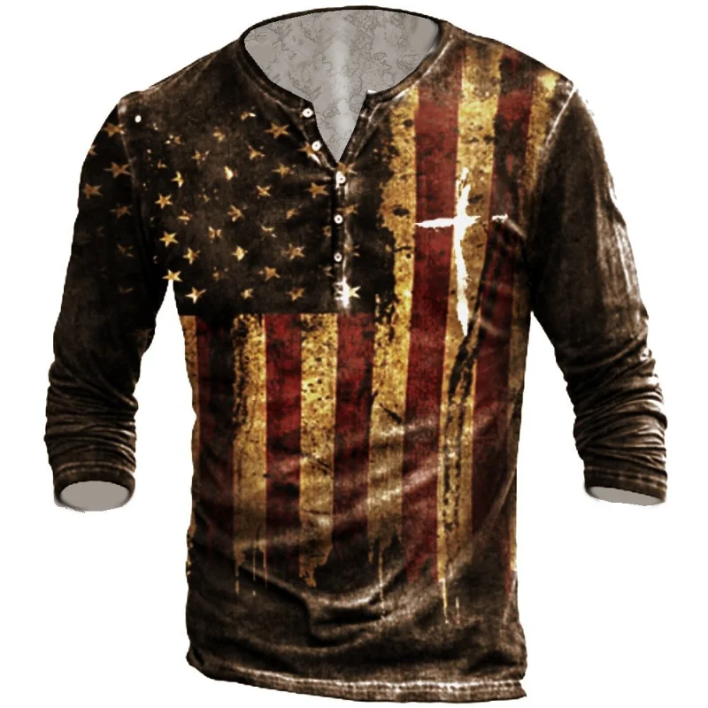 Men's Retro Long Sleeve Flag Print T-shirt