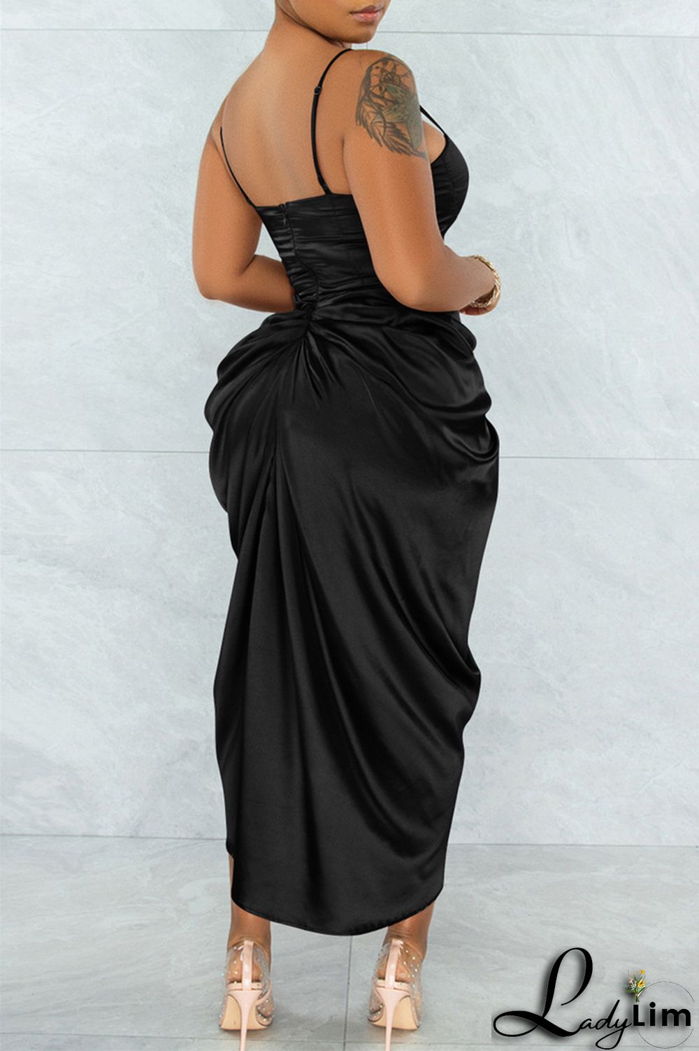 Brownness Fashion Sexy Solid Patchwork Backless Fold Spaghetti Strap Sleeveless Dress