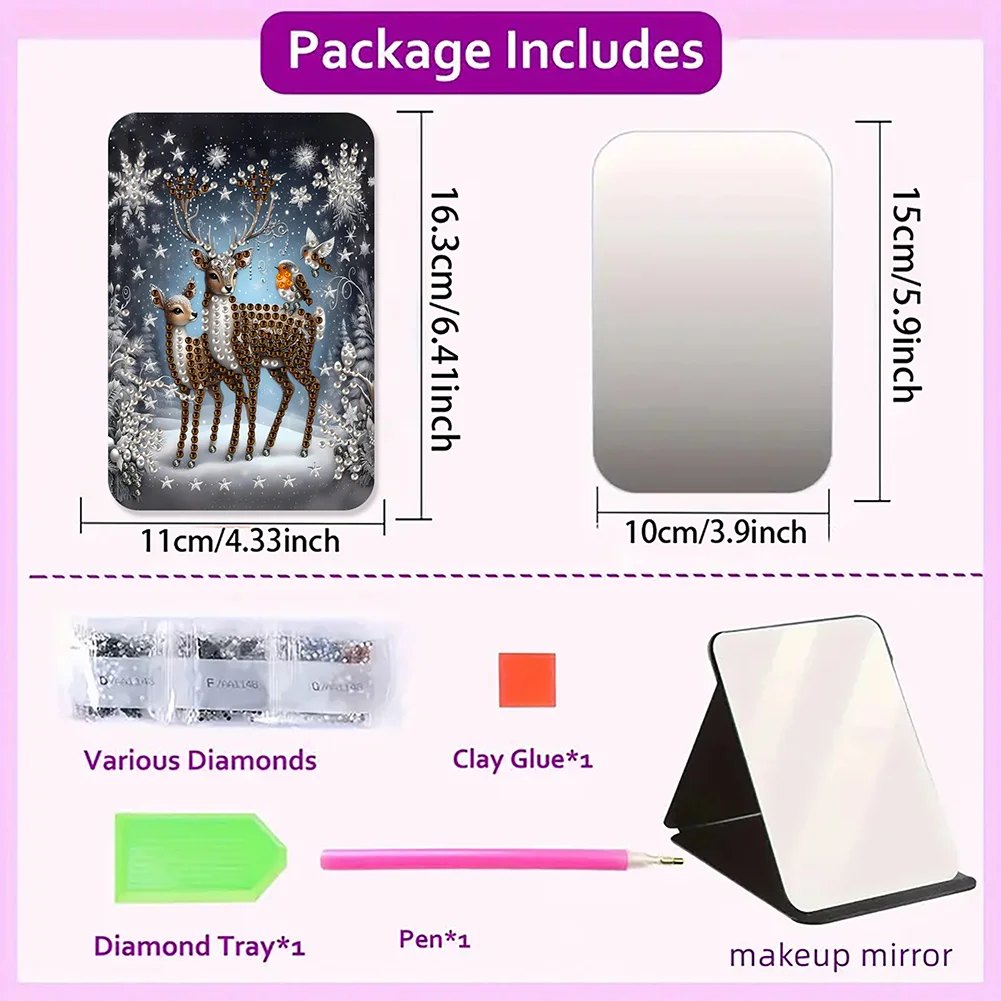 DIY Diamond Art Shiny Crystal Mirror Lightweight Standing Makeup Mirror (Elk)