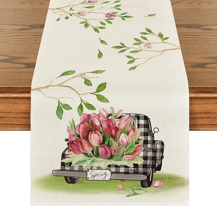 Spring Tulip Buffalo Plaid Truck Linen Table Runner Holiday Party Decoration Kitchen Dining Table Runner for Home Party Decor
