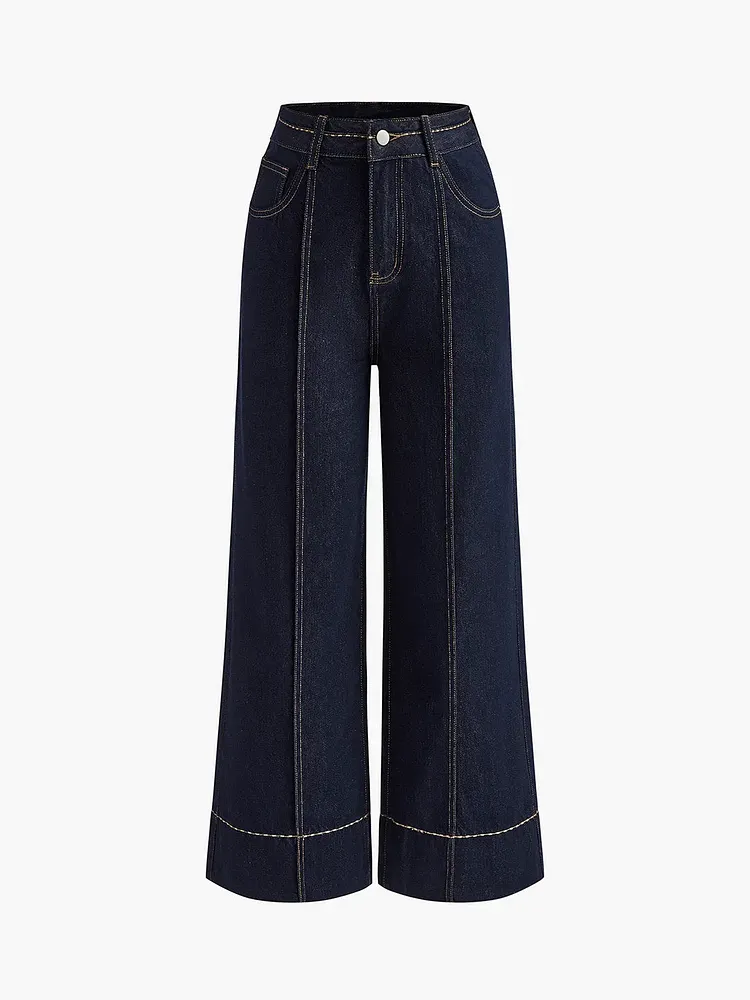 Elegant Style Wide Leg Denim Jeans