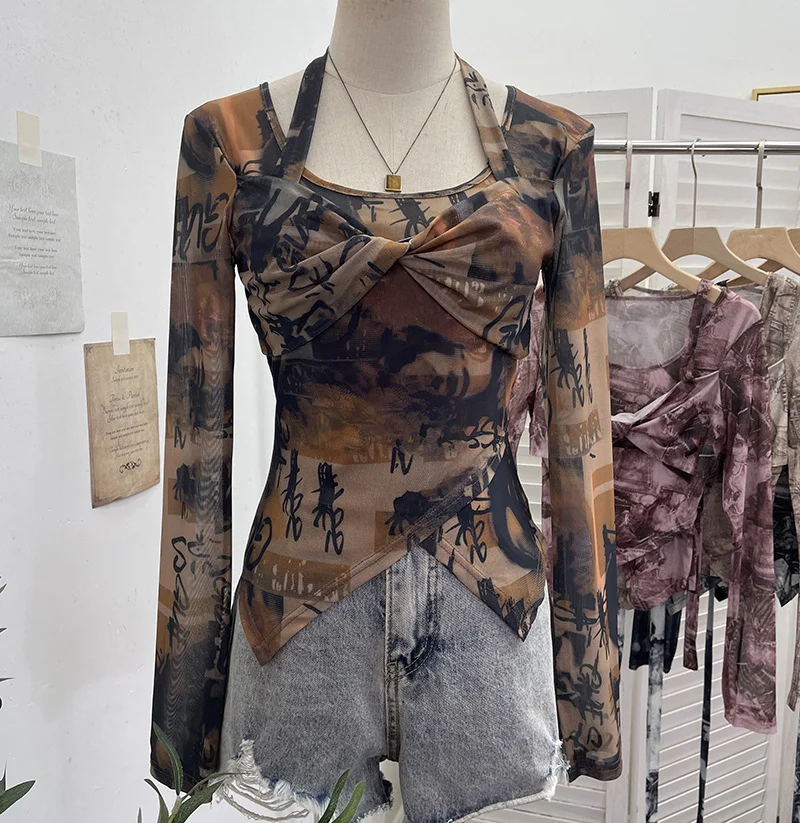 Nigikala Nigikala Special To The Net Yarn Design Sense Hanging Neck Top Cross Folded Repair Short T-Shirt 1178