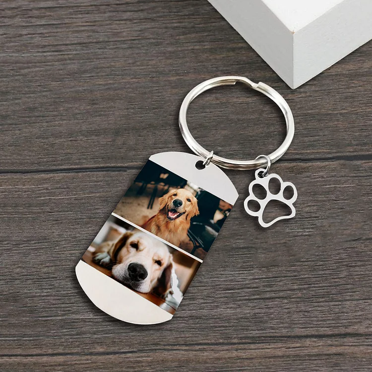 Personalized 2 Photos Keychain with Paw Charm Dog Tag Keychain