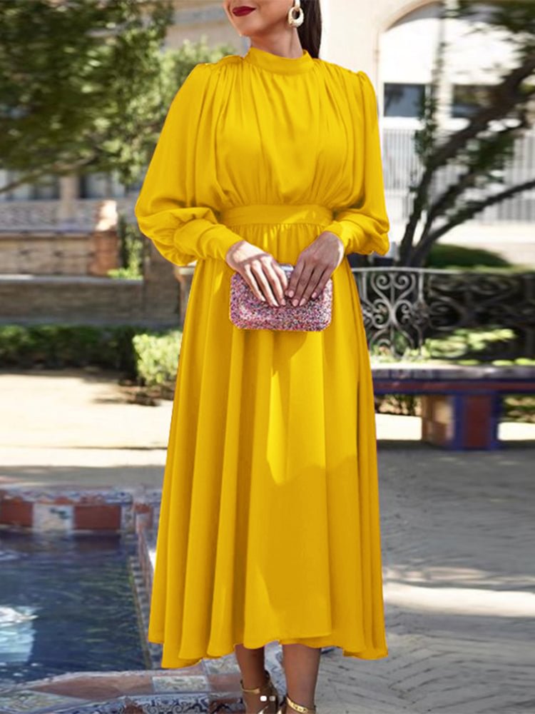 Glossy Solid Color Stand Collar Long Sleeve Women Dresses SKUI74681 QueenFunky