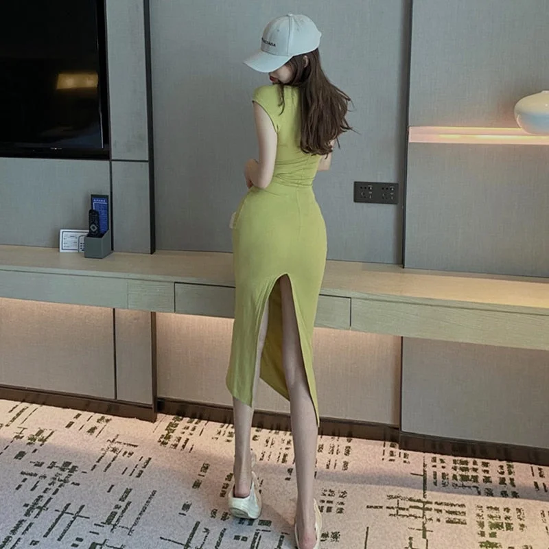 Summer Short Sleeve O-Neck Stretchy Split Dress Women Solid Casual Elegant Robe Bodycon Maxi Vestidos