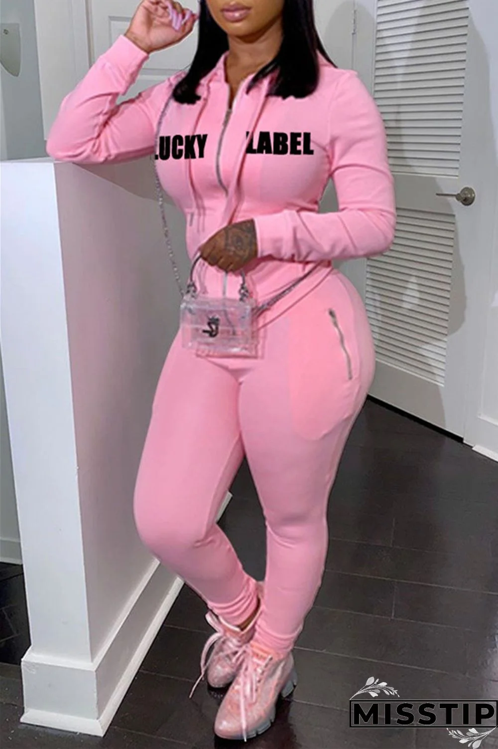 Pink Fashion Casual Letter Print Patchwork Hooded Collar Long Sleeve Two Pieces