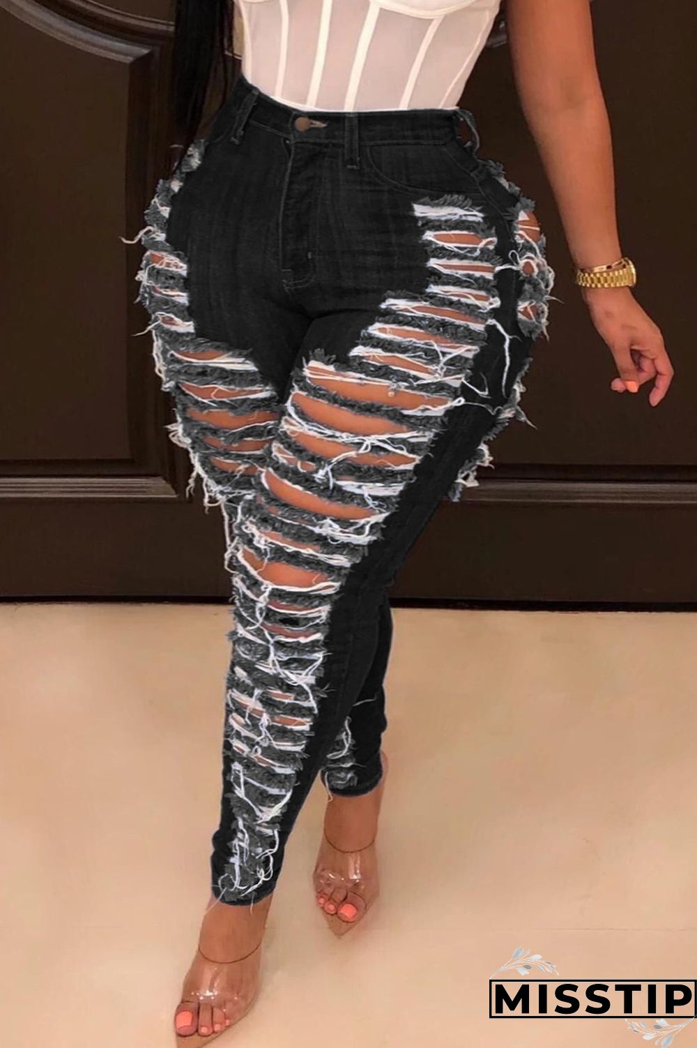 Dark Blue Casual Solid Ripped Patchwork Plus Size Jeans