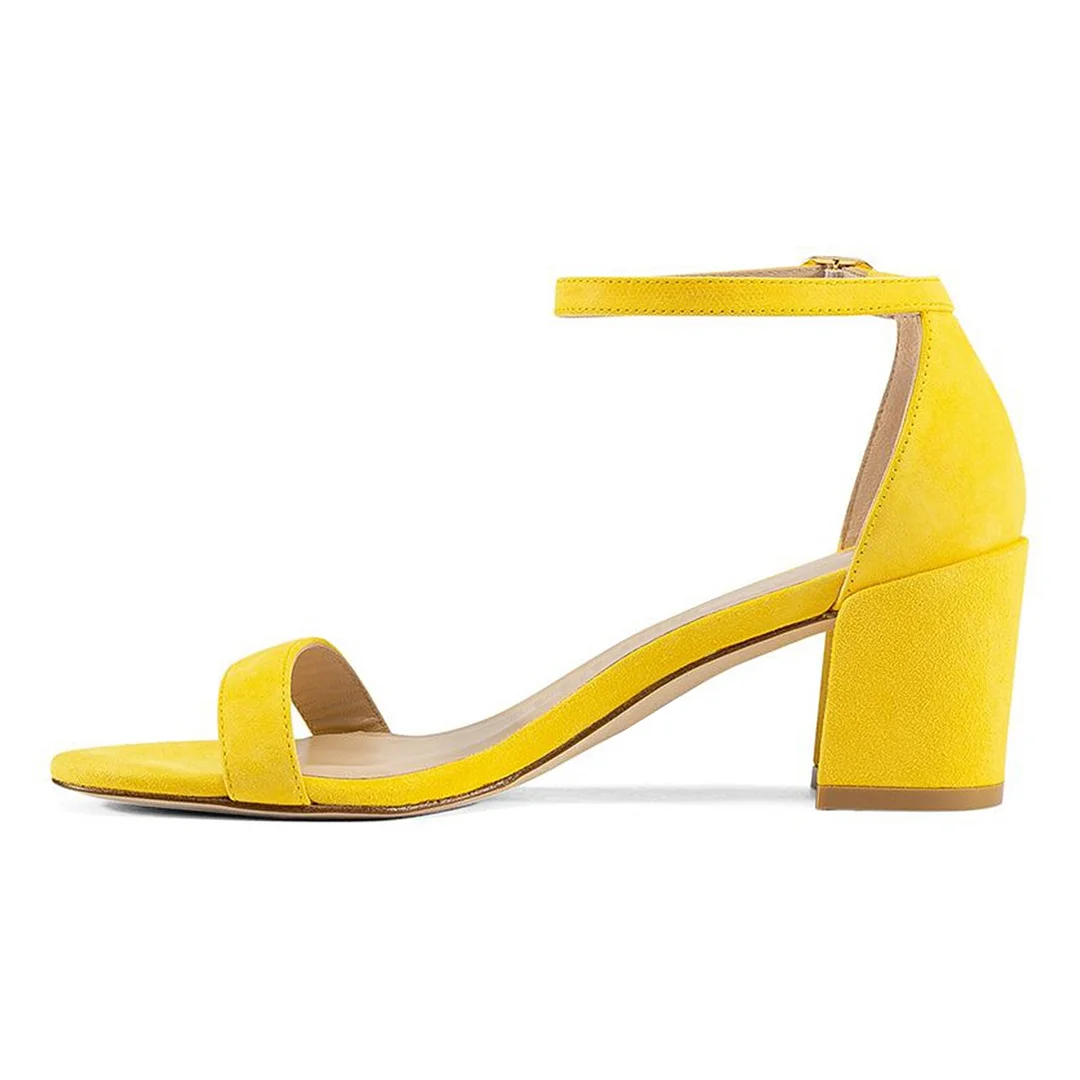 Yellow Round Toe Ankle Strap Women's Heel Sandals with Buckle