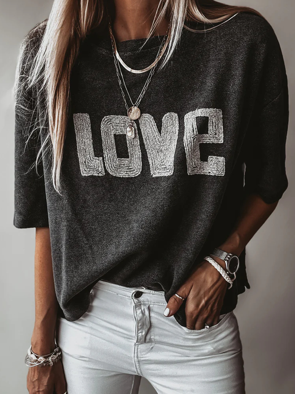 Charcoal Grey Retro Short Sleeve LOVE Women's Tops tjj Shicloths