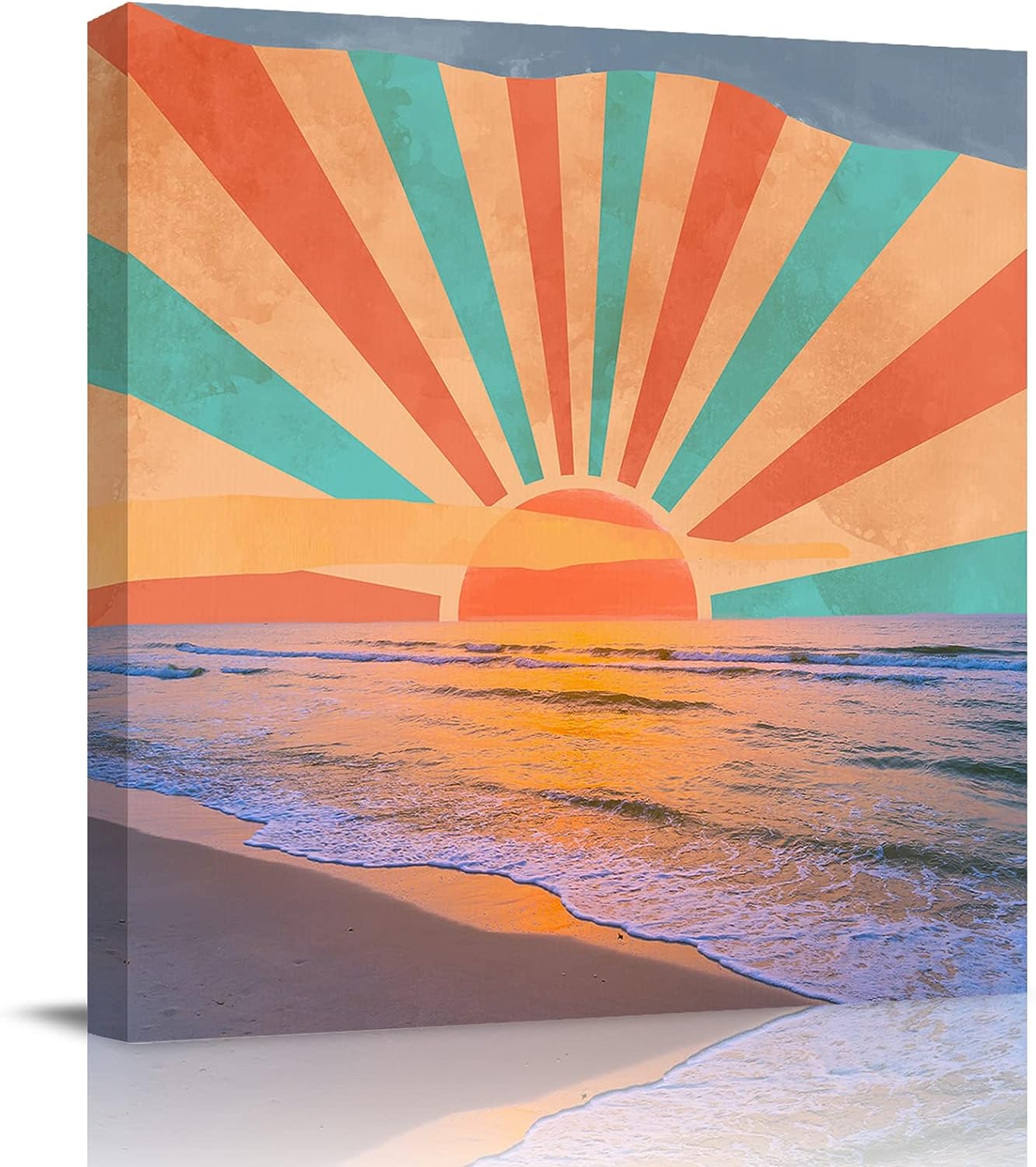 Canvas Wall Art for Living Room, Beach Sunset Framed Wall Art Printed Modern Wall Painting for Bedroom Kitchen Office Decor Ready to Hang 24 inch x24 inch  Orange and Teal Painting Summer Landscape 24x24in