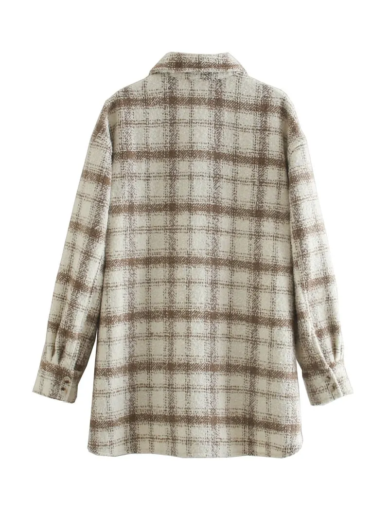 Stylish Chic Coffee-Beige Plaid Shirt Jacket Women Fashion Turn-down Collar Pockets Buttons Coat Girls Chic Streetwear