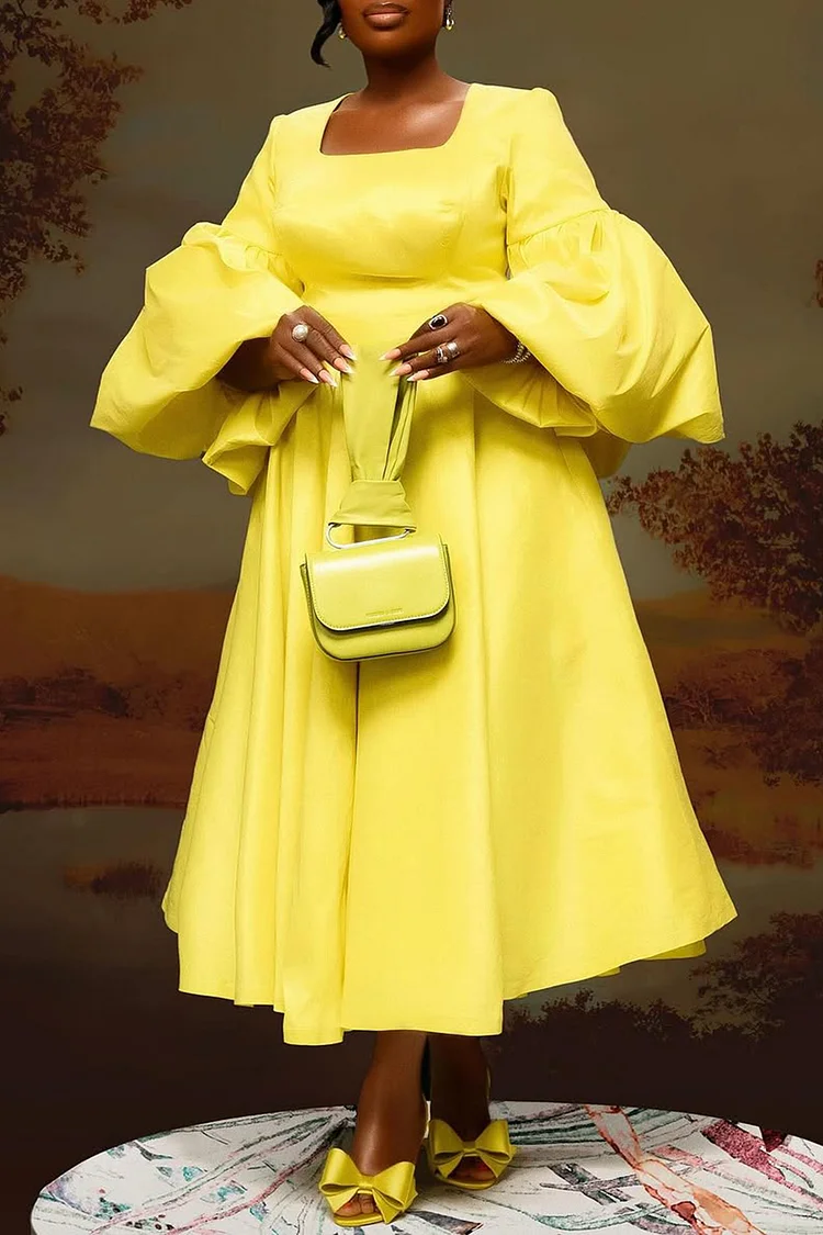 Plus Size Wedding Guest Yellow Elegant Square Neck Flare Long Sleeve Satin Maxi Dresses [Pre-Order] 2024 - Xpluswear