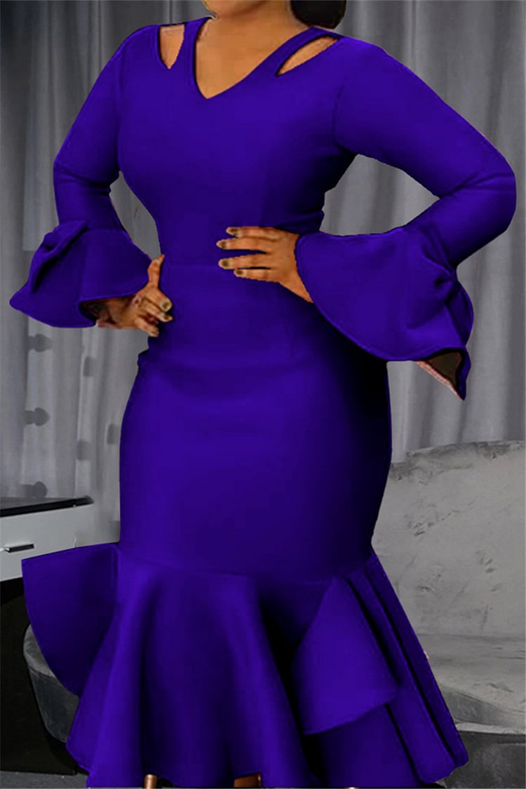 Xpluswear Plus Size Blue Formal  Puff Sleeves Hollow Out V Neck Bodycon Mermaid Midi Dress