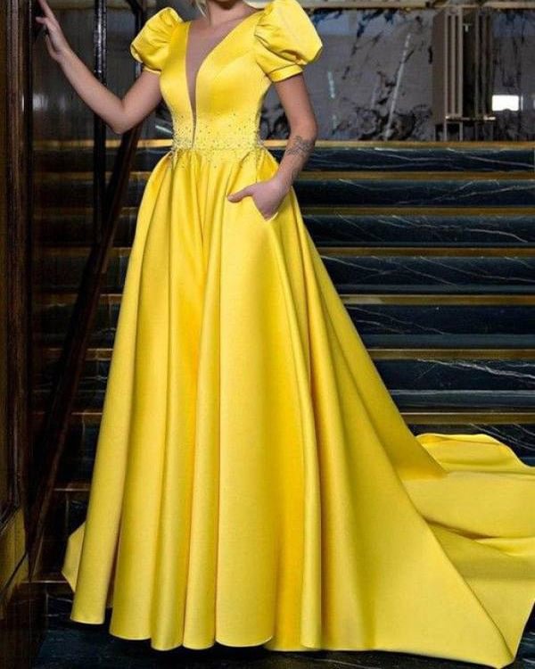 Women's Elegant Yellow Calendar Ginger Yellow V-Neck Puff Sleeves Floor Dresses S-2XL