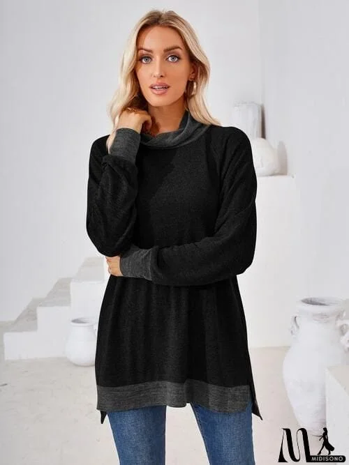 Contrast Mock Neck Long Sleeve T-Shirt