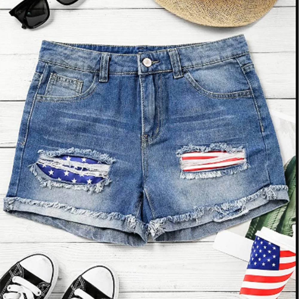 Women's Flag Print Patch Denim Shorts
