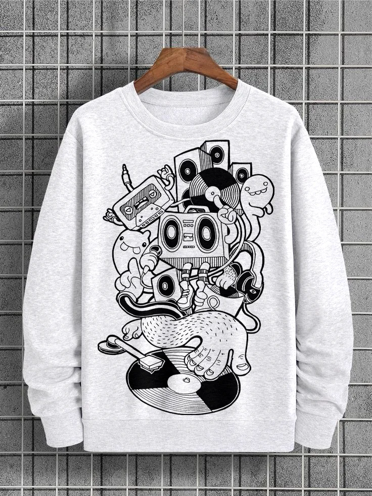 Men's Retro Vinyl Record Loudspeaker Cartoon Graphic Print Cotton Casual Sweatshirt