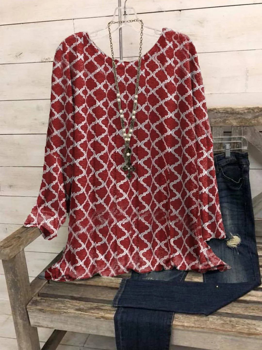 Crew Neck Geometric Floral-Print Long Sleeve Shirts & Tops