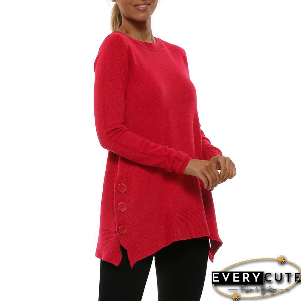 Red Button Side Split Knit Sweater