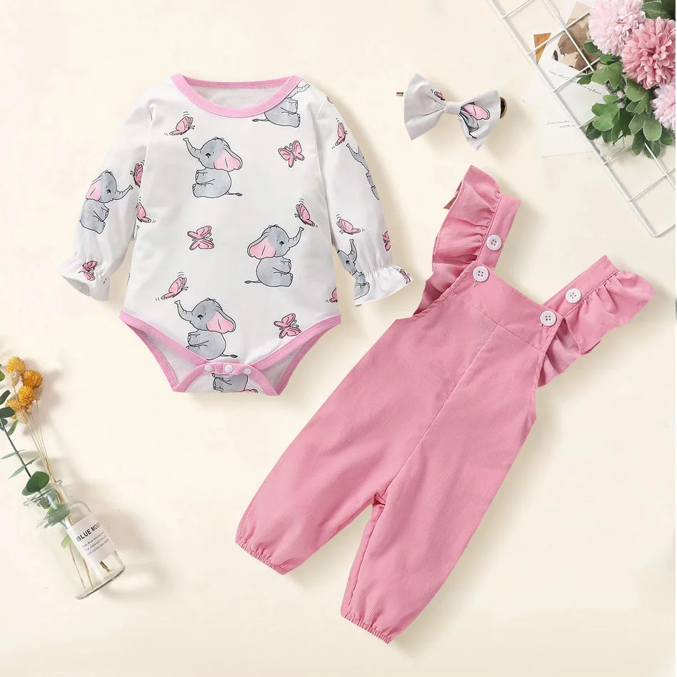 3PCS Baby Cartoon Elephant Printed Ruffle Overalls Set