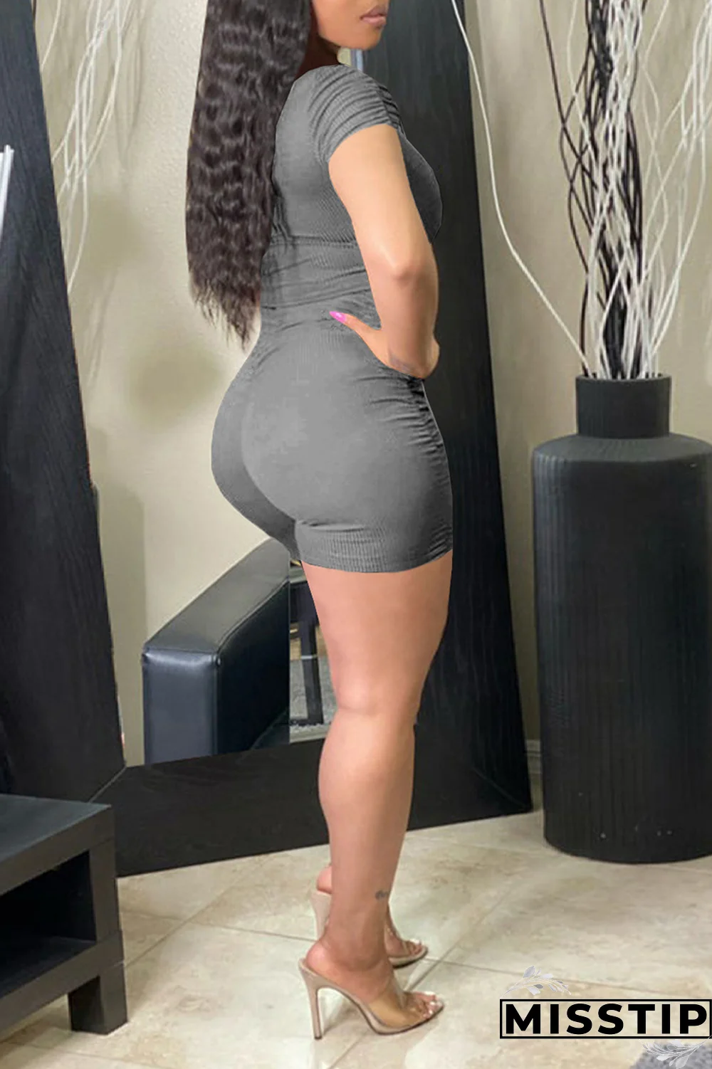 Grey Casual Solid Patchwork O Neck Short Sleeve Two Pieces