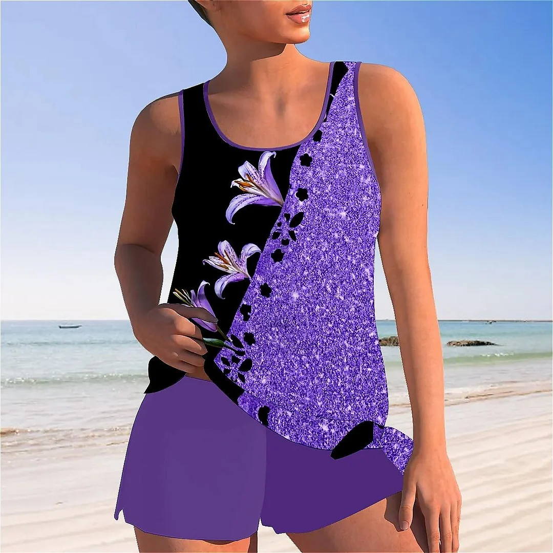 Bowknot Purple,Floral,Glitter Mid Waisted Tankini Set - Plus Size Available