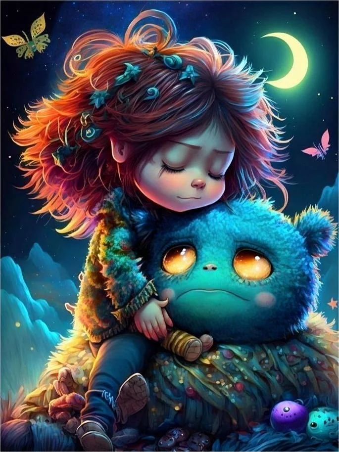 Moonlit Big Eyed Doll And Cat 40*50CM (Canvas) Diamond Painting gbfke