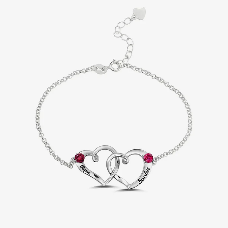 Mother & Daughter Interlocking Double Hearts Custom Names & Birthstones Bracelet