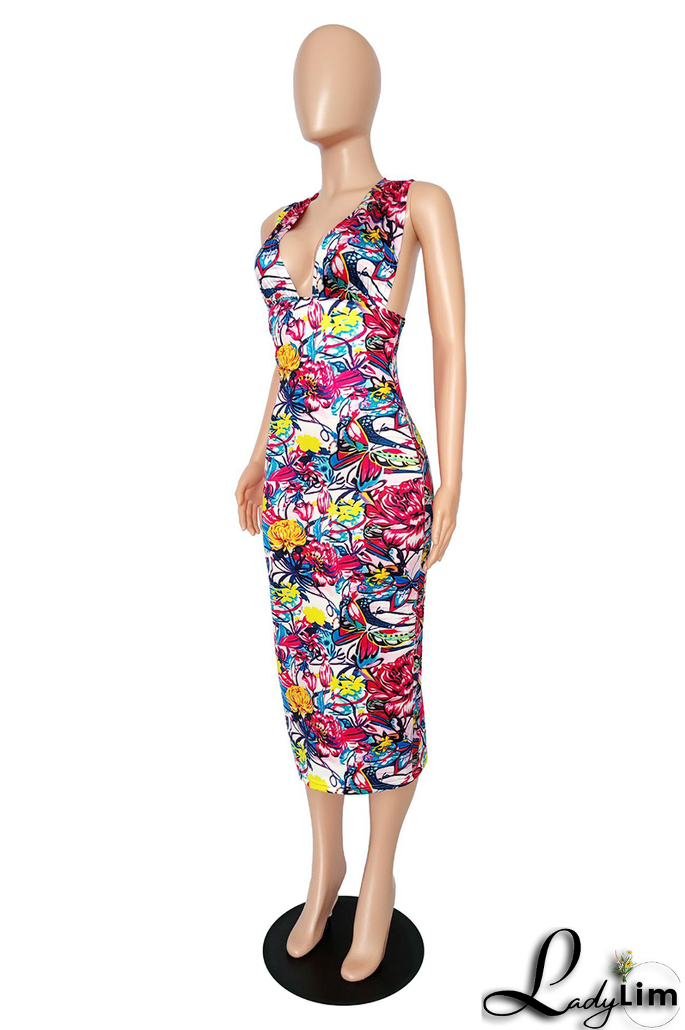 Pink Sexy Print Split Joint Halter Pencil Skirt Dresses