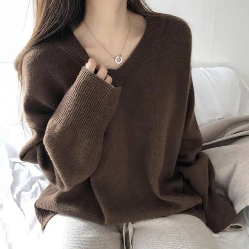 Aiertu FALL OUTFIT Sweater Pullovers Women Spring New Chic Solid V-neck All-match Loose Simple Female Fashion Vintage Elegant Clothing Leisure Soft aiertu