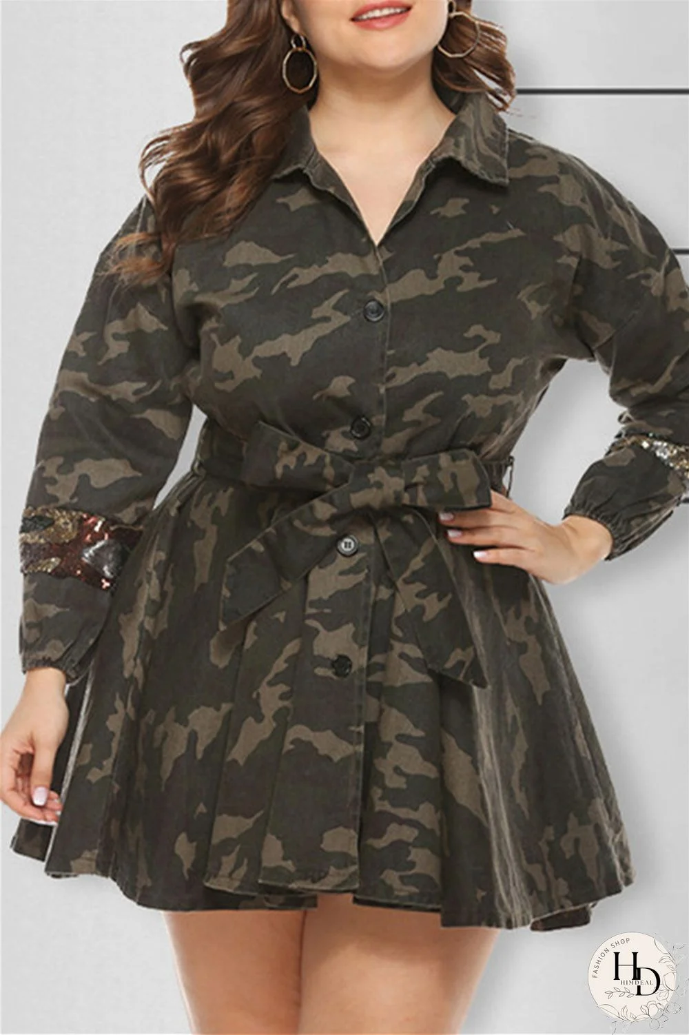 Camouflage Fashion Camouflage Print Sequins Split Joint Turndown Collar Long Sleeve Plus Size Dresses
