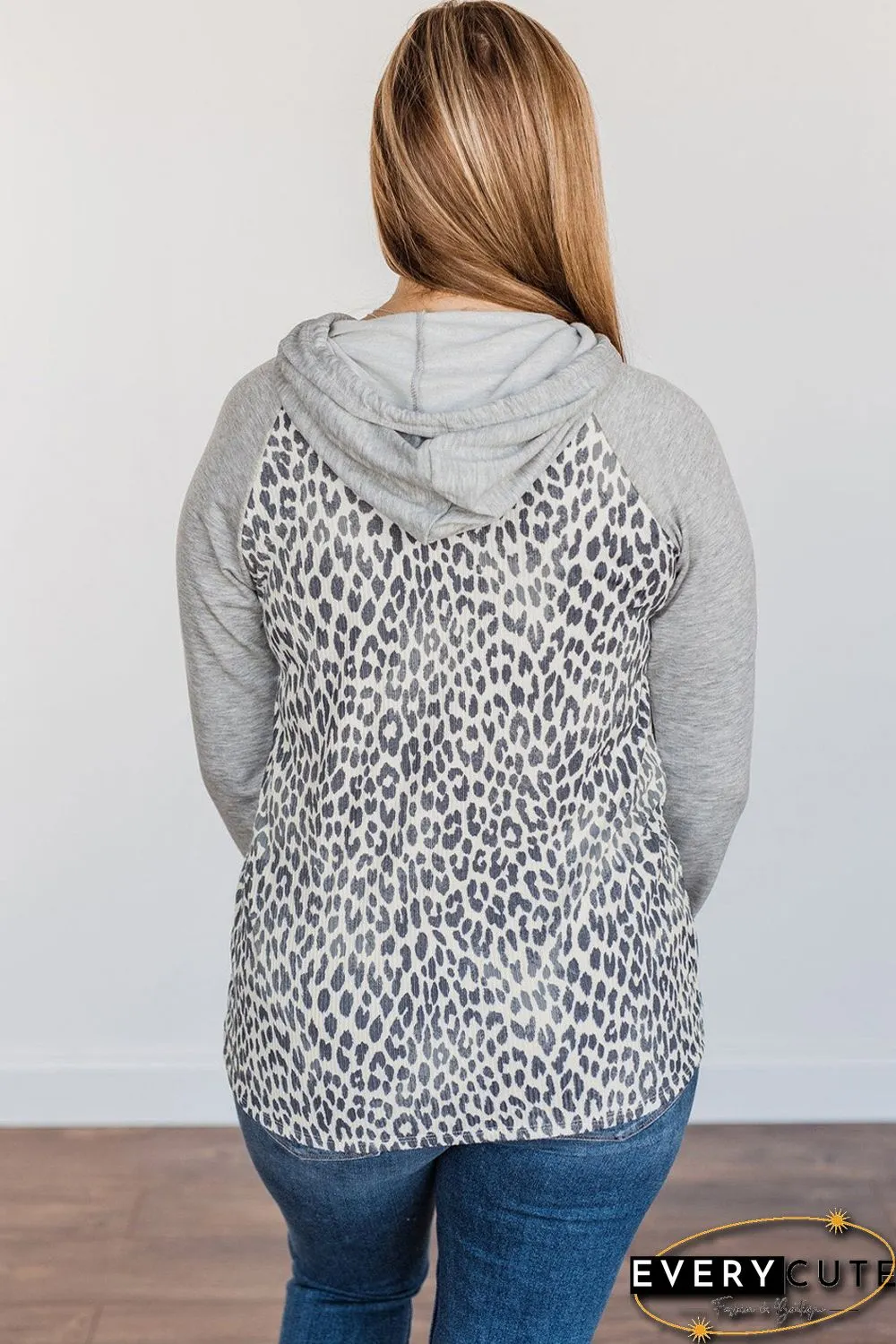 Plus Leopard Contrast Hood Long Sleeve Hoodie