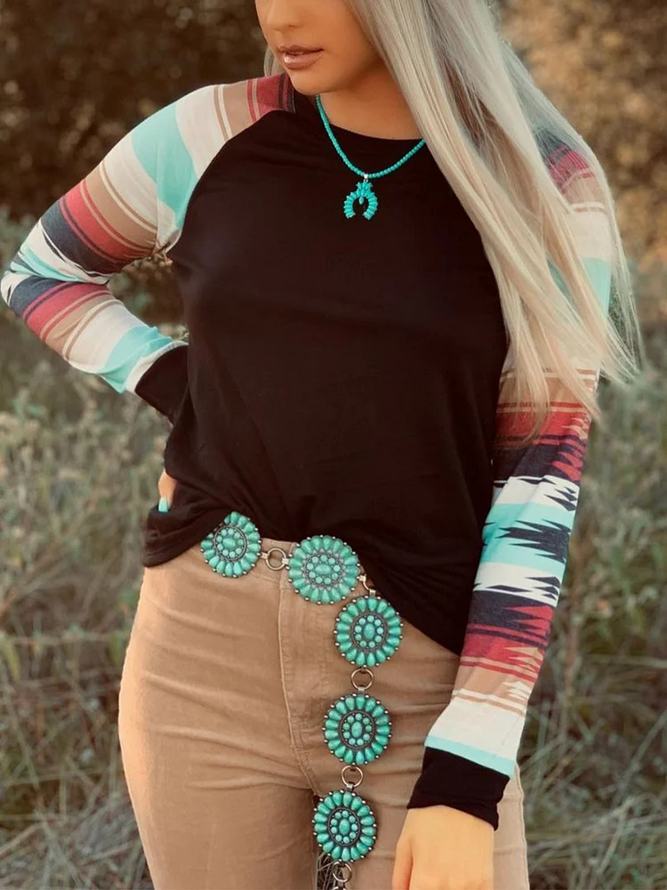 Geometric Long Sleeve Paneled Shirts & Tops