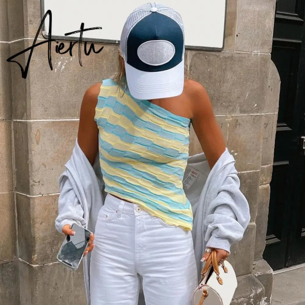 Aiertu Showmirror One Shoulder Knitted Cropped T Shirt Women Striped Casual Off Shoulder Sleeveless T-shirt Ladies Streetwear Teachwear Aiertu