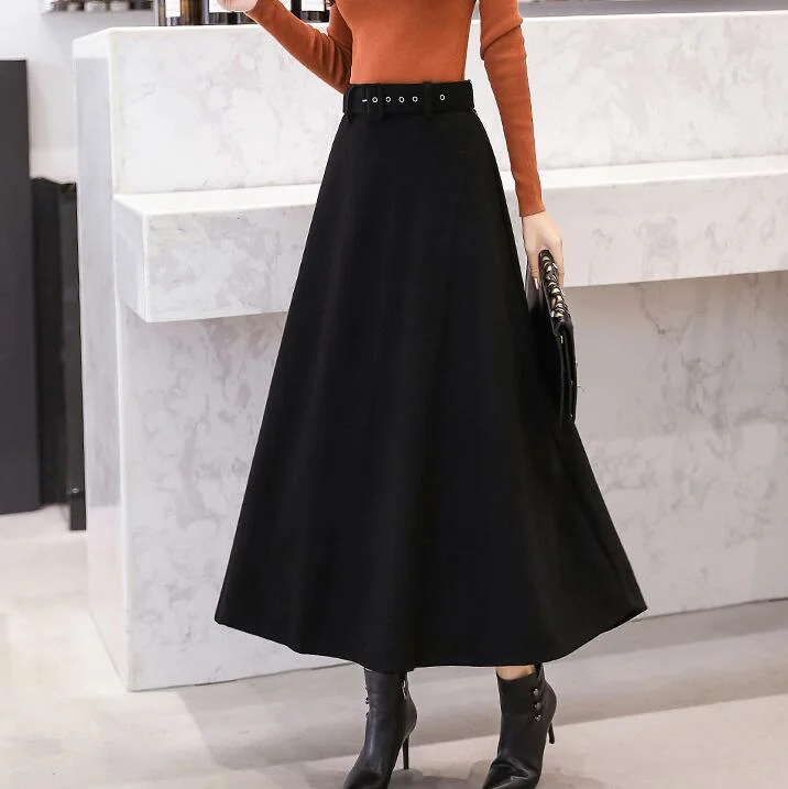 Graduation Gifts 2022 Winter Woolen Maxi Skirts For Women Vintage With Belt High Waist Skirt Female Casual Streetwear Long Skirt Khaki Red Black