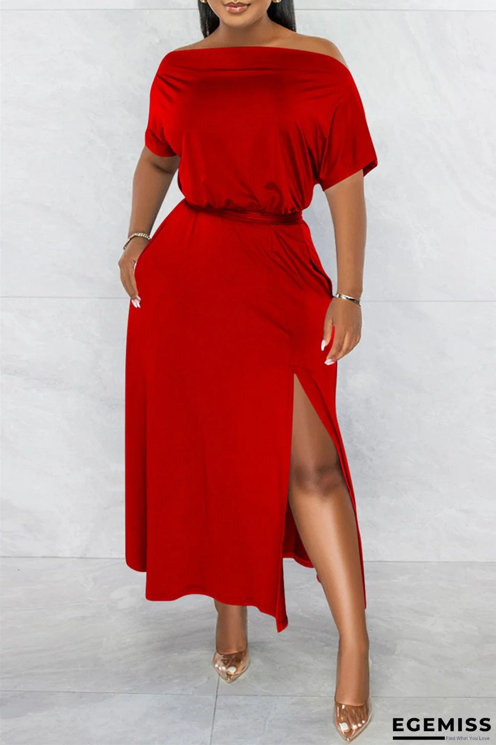 Red Fashion Casual Solid Patchwork Slit Off the Shoulder Short Sleeve Dress | EGEMISS
