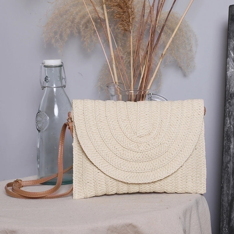 Women's Medium Straw Solid Color Vintage Style Classic Style Square Flip Cover Shoulder Bag3