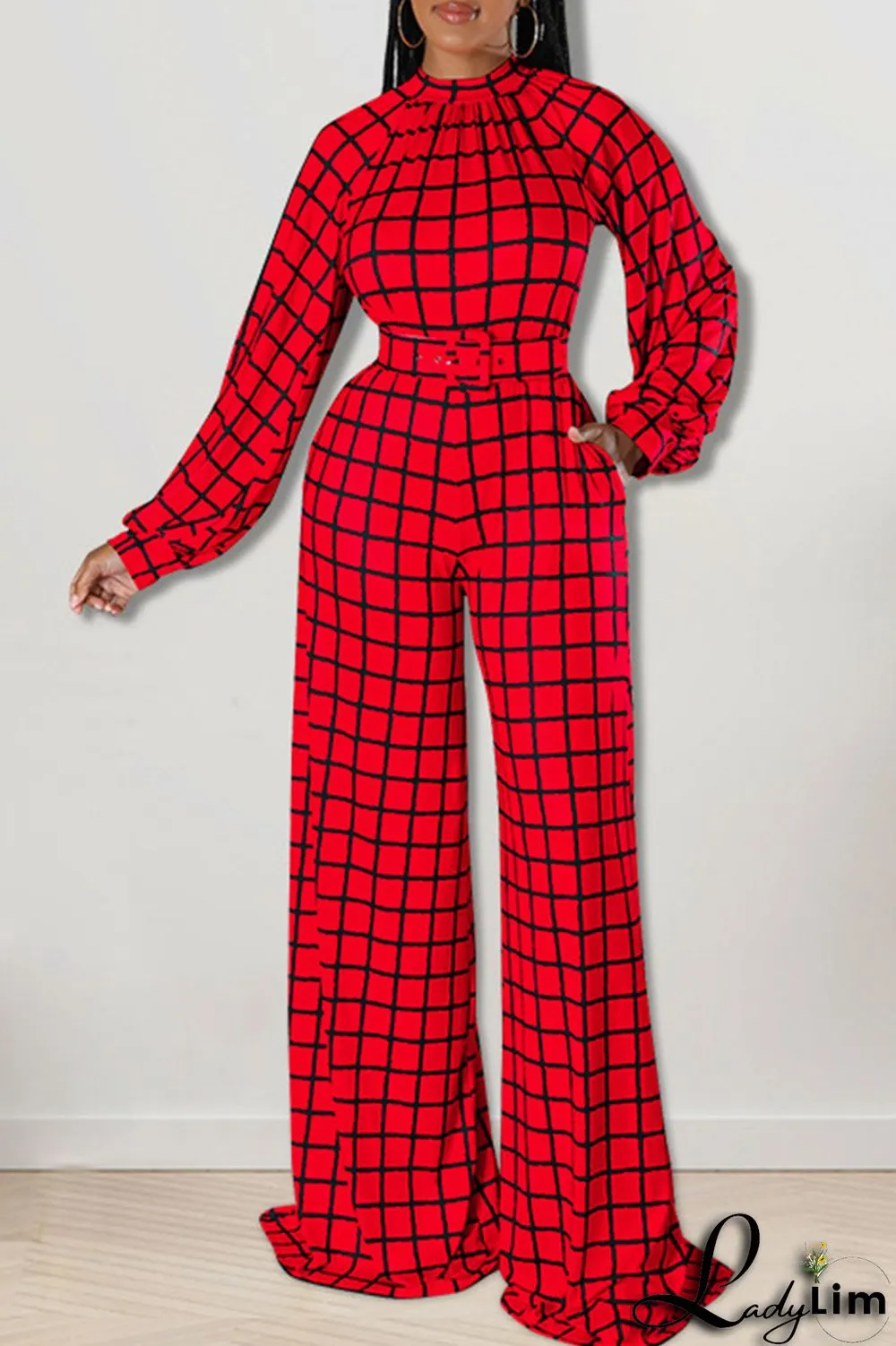 Tangerine Casual Plaid Print Patchwork O Neck Straight Jumpsuits