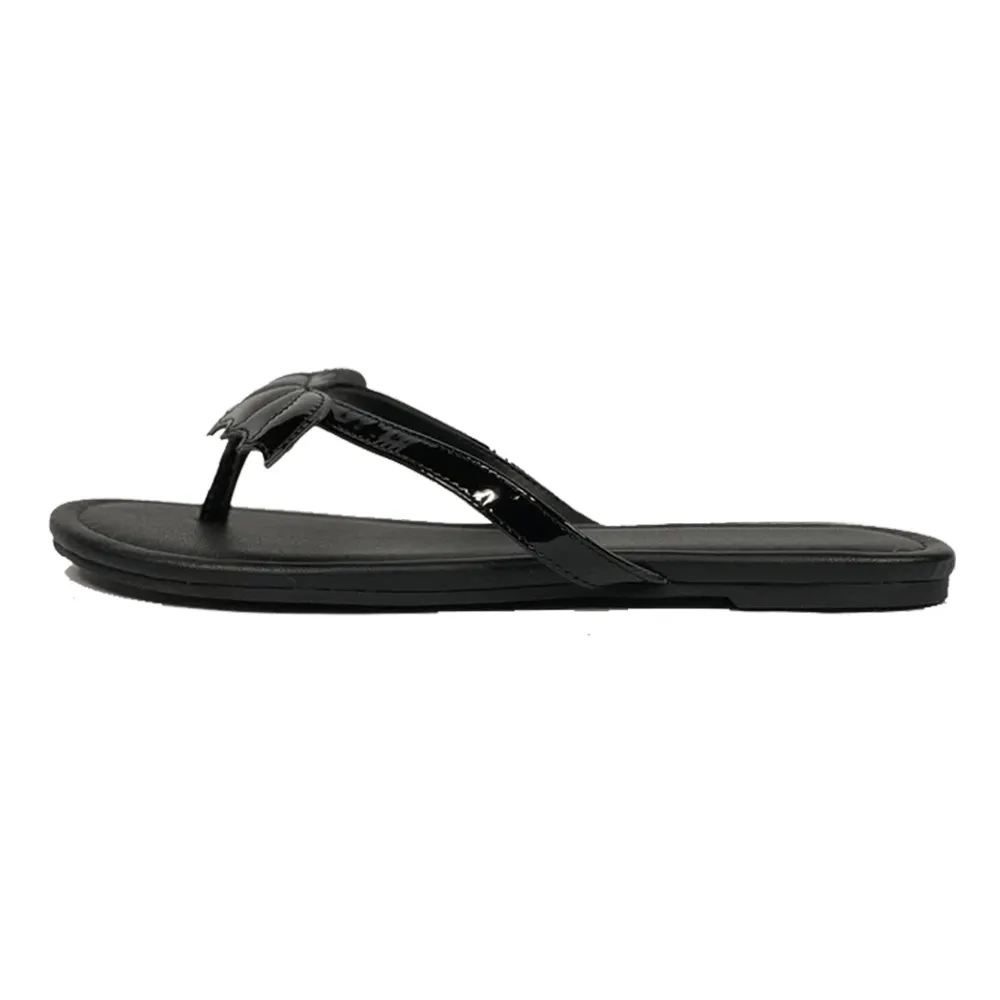Black Patent Leather Round Toe Flip Flops Mules Sandals with Bat