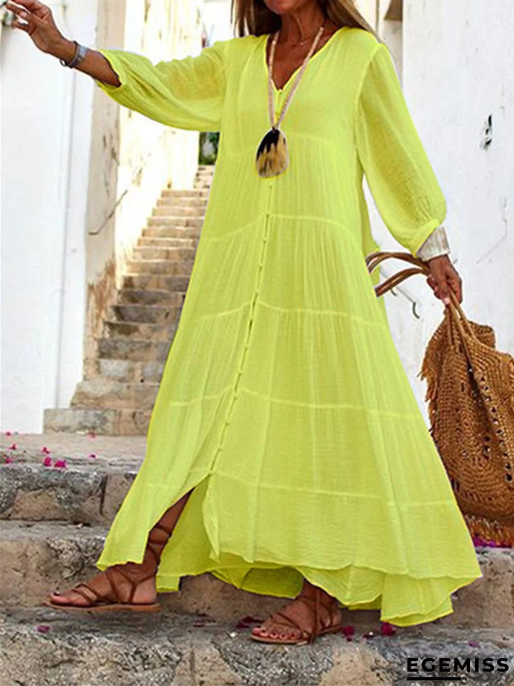 Bohemian Solid Color V-neck Loose Long Sleeve Cotton and Linen White Dresses | EGEMISS