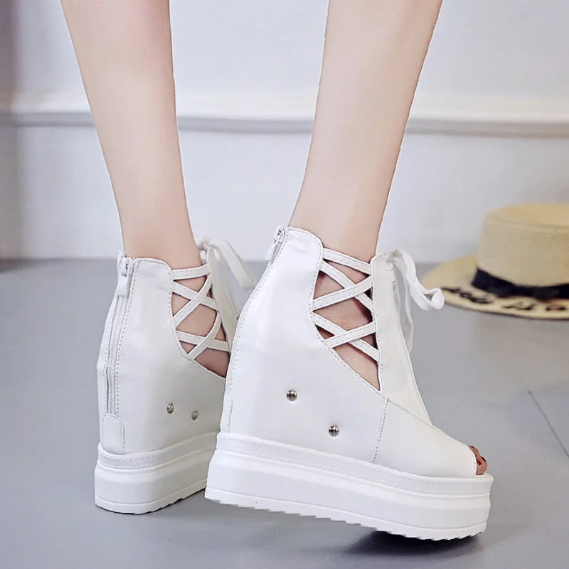 Summer Height Increasing Ankle Boots For Women Hollow Out Pep Toe Shoes Woman Fashion Cross Strap Chunky Platform Booties