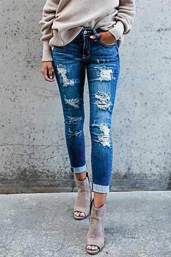Womens Skinny Ripped Cuffed Blue Jeans-Allyzone-Allyzone